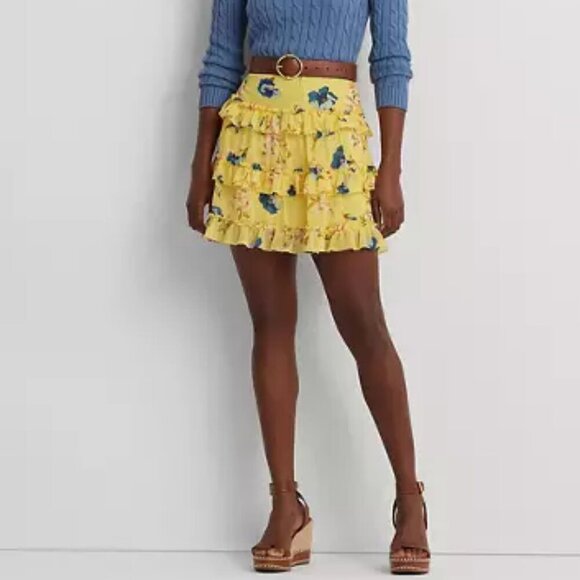 Lauren Ralph Lauren Floral Ruffle Trim Georgette Mini Skirt. Sz: 8 - Picture 1 of 7